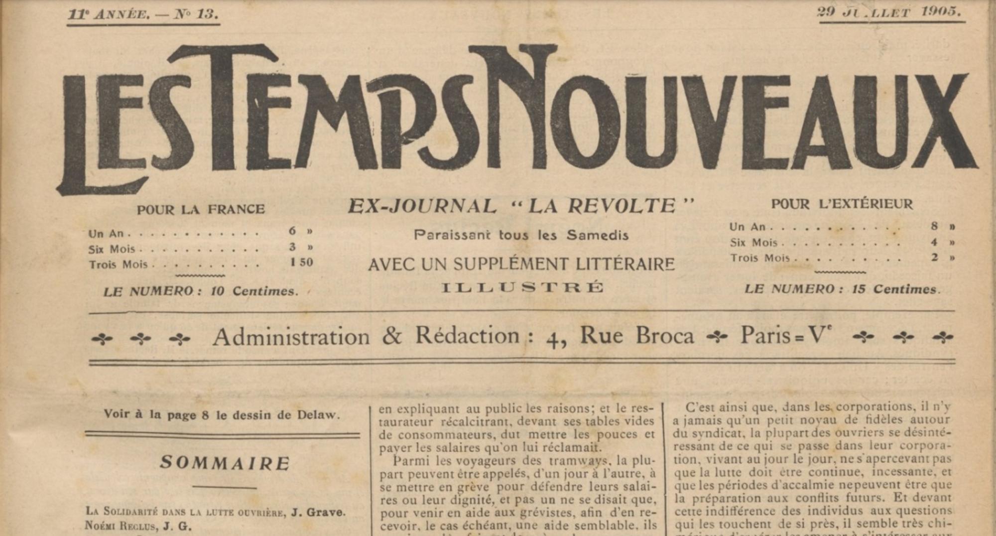 Les Temps Nouveaux, 29-07-1905, necrológica de Jean Grave sobre Noémi Reclus