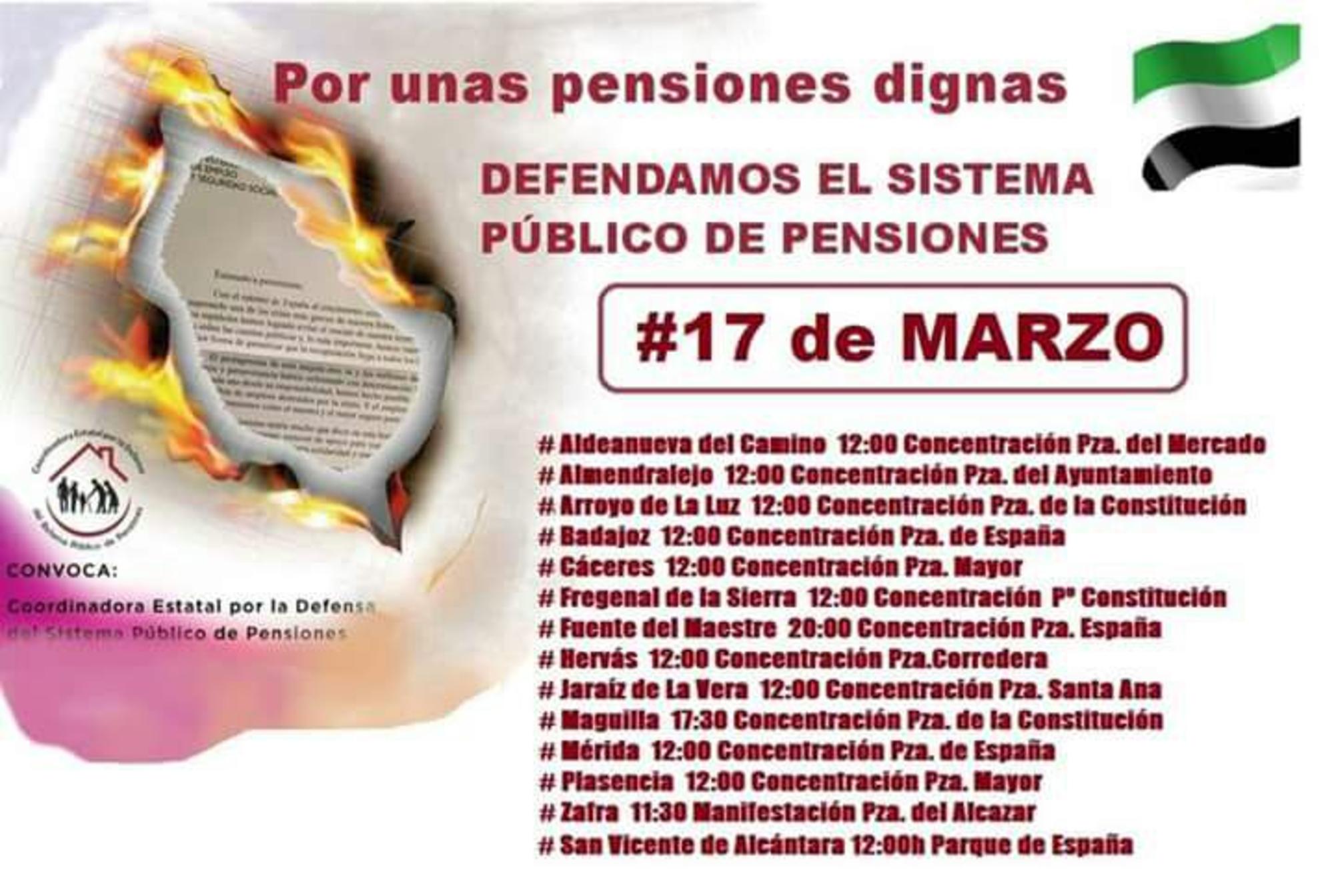 Cartel Marchas pensiones dignas 17M Extremadura 