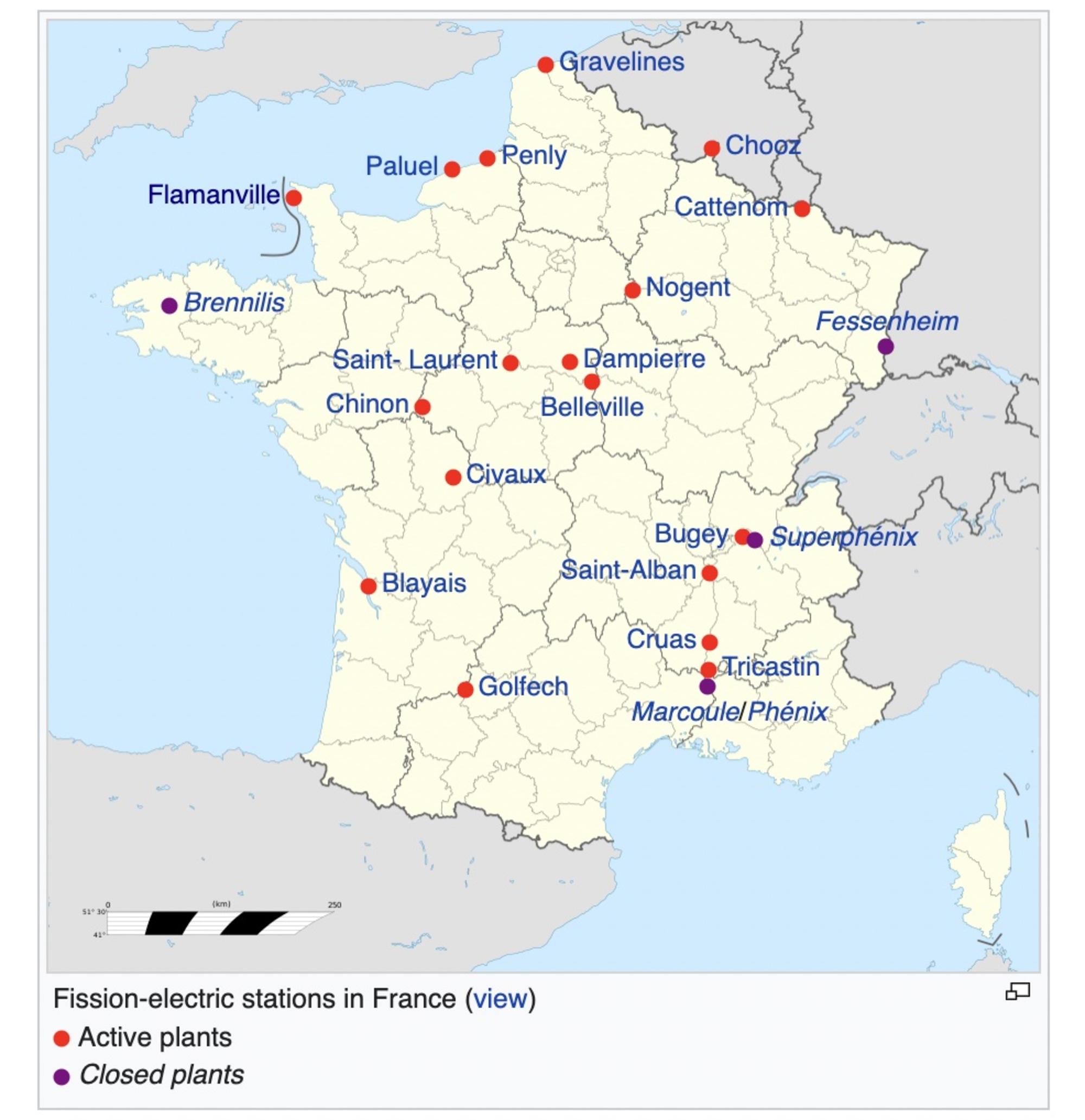 Mapa de las centrales nucleares francesas. Fuente: enriquedans.com