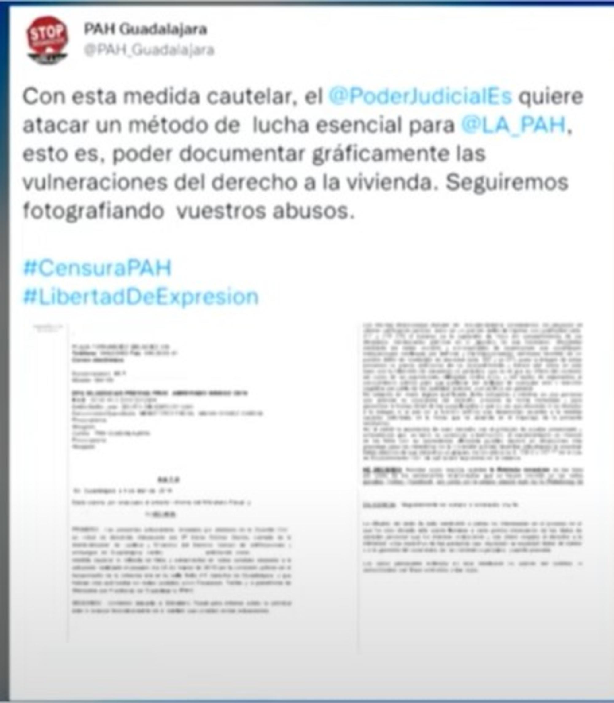 Tuit de PAH Guadalajara en el que denuncian la censura de las imágenes del desahucio.