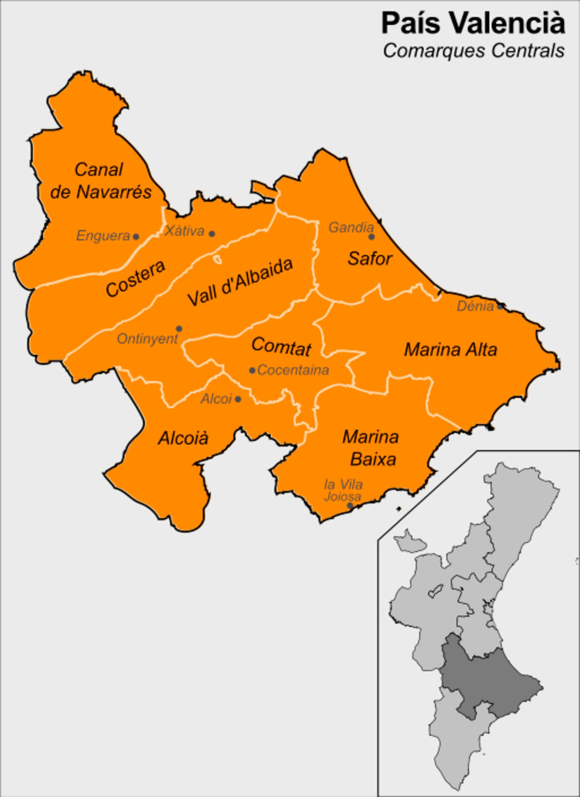 Mapa de les Comarques Centrals que administrativament abasta el territori de Diània