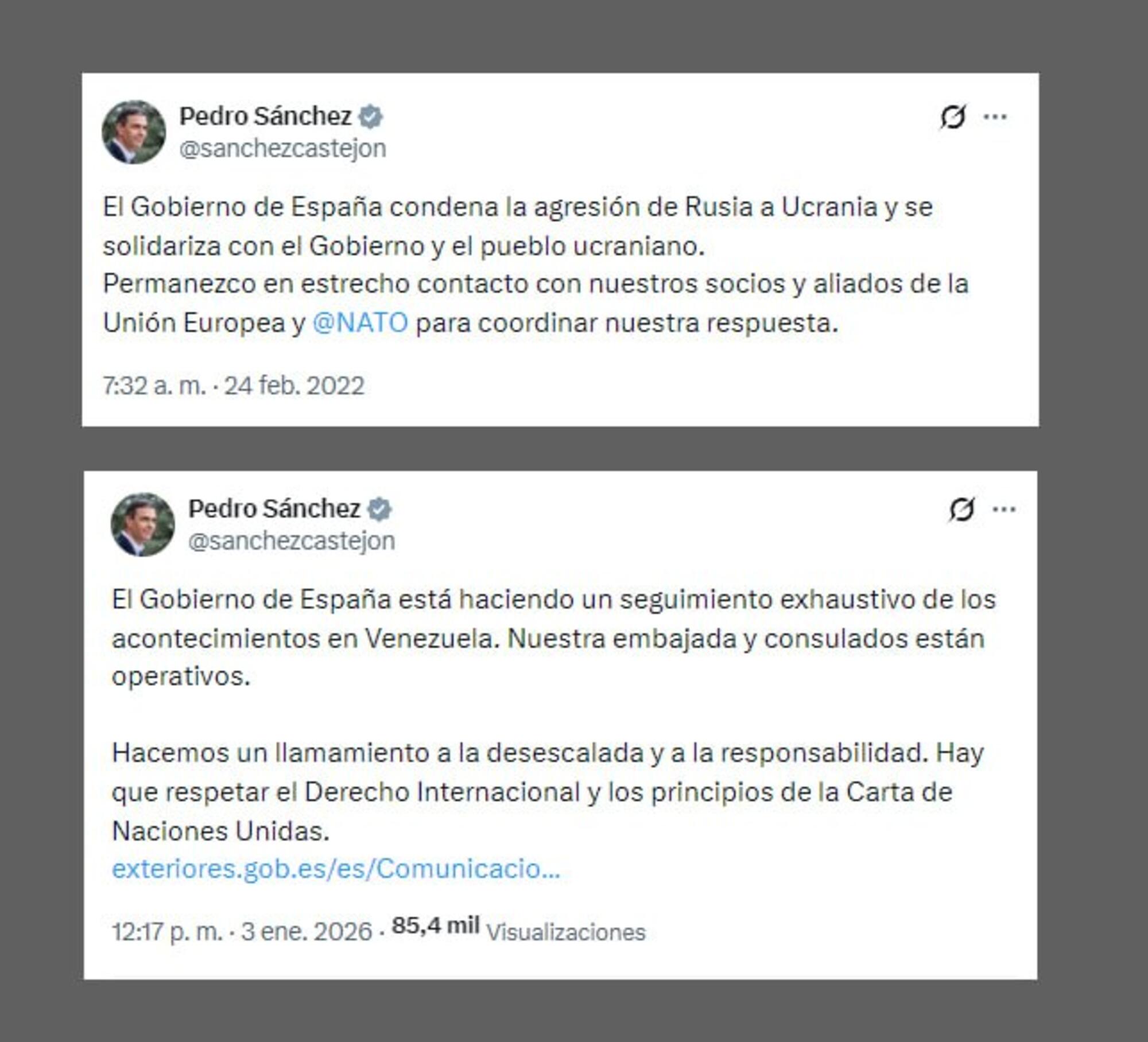 Mensajes del presidente español, Pedro Sánchez, ante la invasión de Ucrania y el ataque de EEUU a Venezuela.