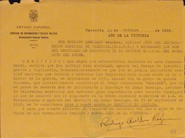 Informe del Servicio de Información y Policía Militar sobre Antonio Cano