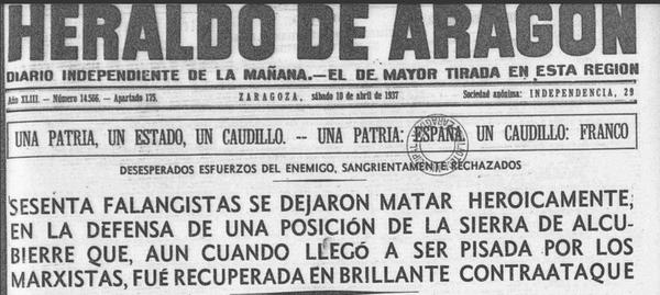 Portada del Heraldo de Aragón el 10 de abril de 1937