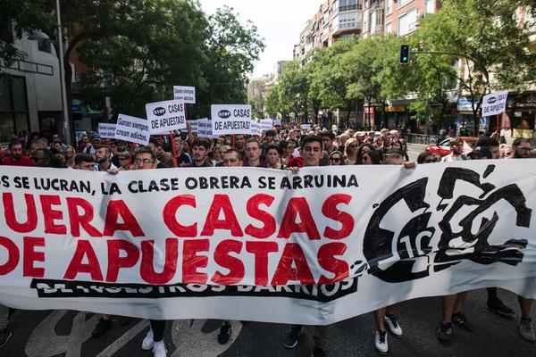 Manifestacion contra las casa de apuestas en el barrio de Tetuan, Madrid.