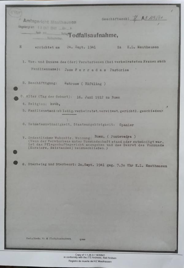 Rexistro da morte de José Ferradás Pastoriza no campo de concentración alemán. Cedido pola familia